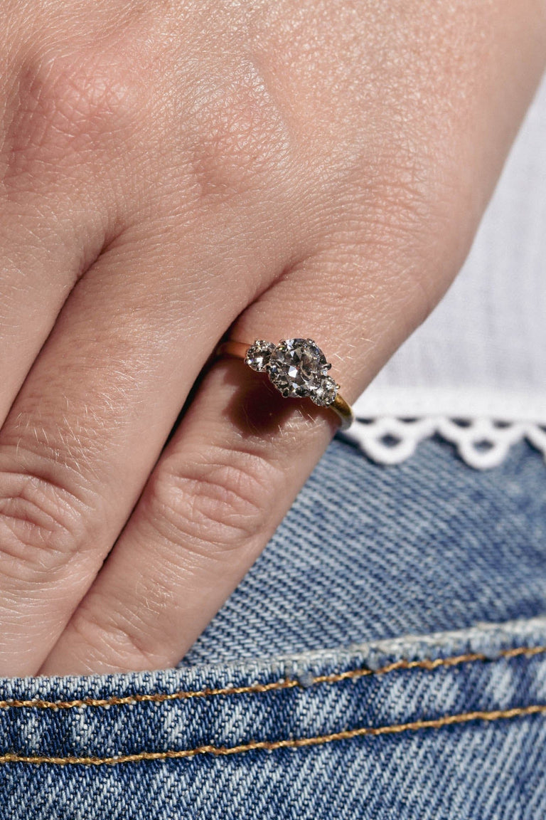Retro .88 Old European Cut Three Stone Diamond Two Tone Vintage Engagement Ring