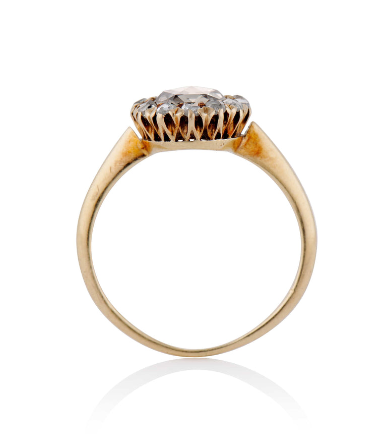 Victorian 1.02 Carat Rose Cut Diamond Yellow Gold Cluster Antique Engagement Ring