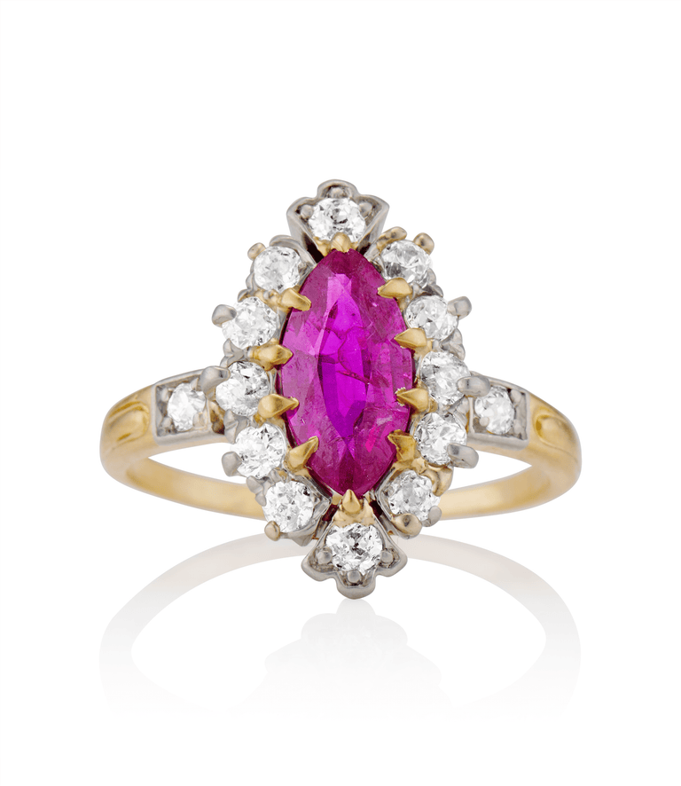Victorian 1.06 carat Marquise Cut Burma Heated Ruby and Diamond Two Tone Cluster Vintage Engagement Ring