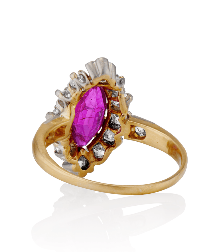 Victorian 1.06 carat Marquise Cut Burma Heated Ruby and Diamond Two Tone Cluster Vintage Engagement Ring