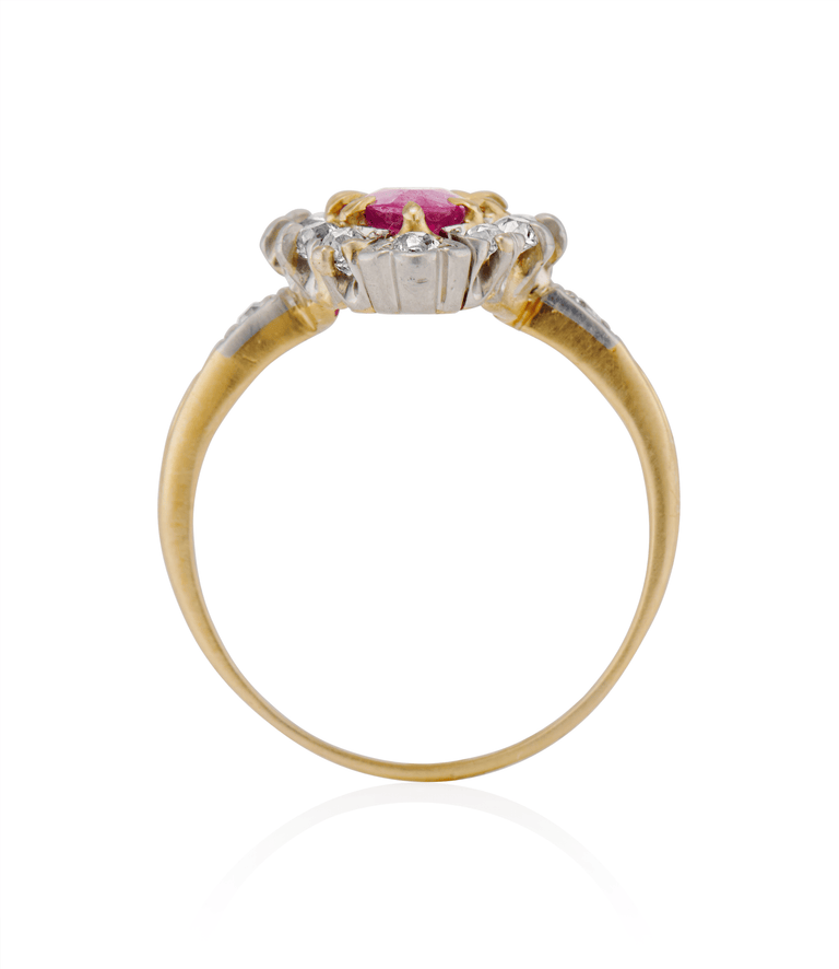 Victorian 1.06 carat Marquise Cut Burma Heated Ruby and Diamond Two Tone Cluster Vintage Engagement Ring