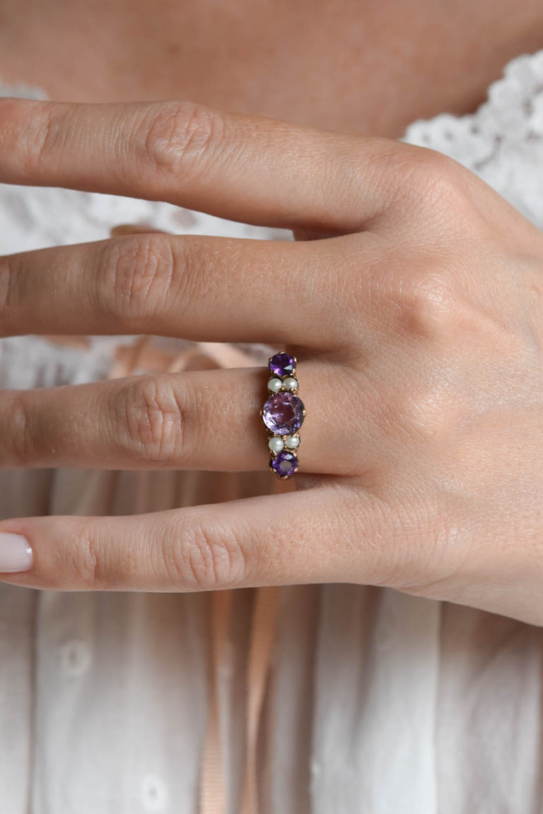 Victorian 1.25 Carat Amethyst and Pearl Yellow Gold Antique Carved Half Band