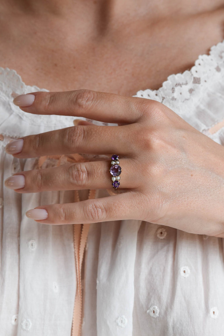 Victorian 1.25 Carat Amethyst and Pearl Yellow Gold Antique Carved Half Band