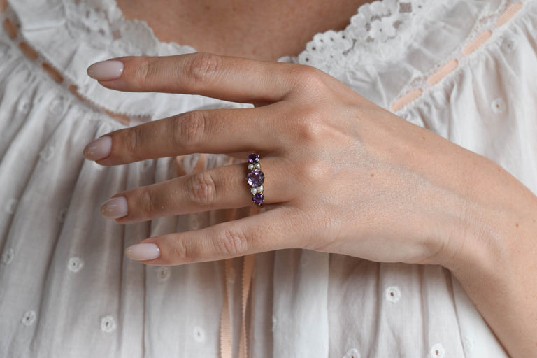 Victorian 1.25 Carat Amethyst and Pearl Yellow Gold Antique Carved Half Band