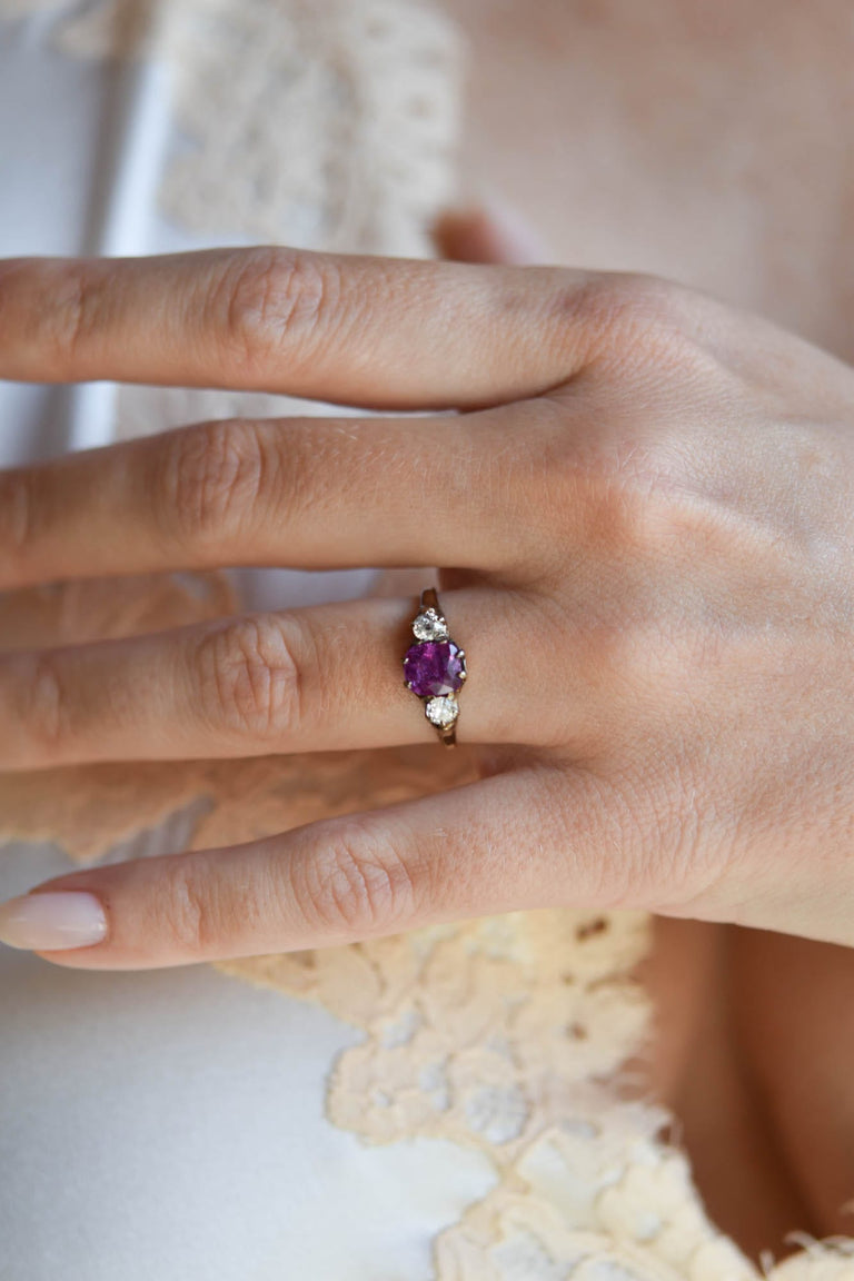 Victorian 1.25 Carat Pink Sapphire & Diamond Yellow Gold Three Stone Antique Engagement Ring