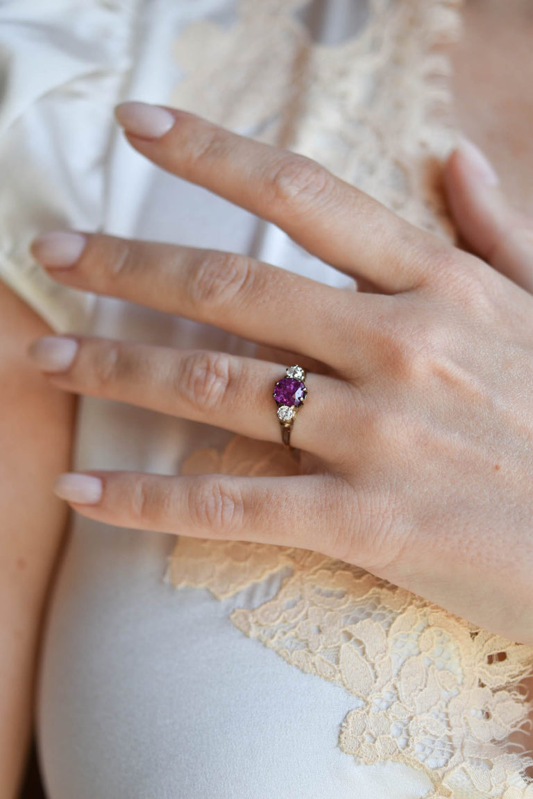 Victorian 1.25 Carat Pink Sapphire & Diamond Yellow Gold Three Stone Antique Engagement Ring