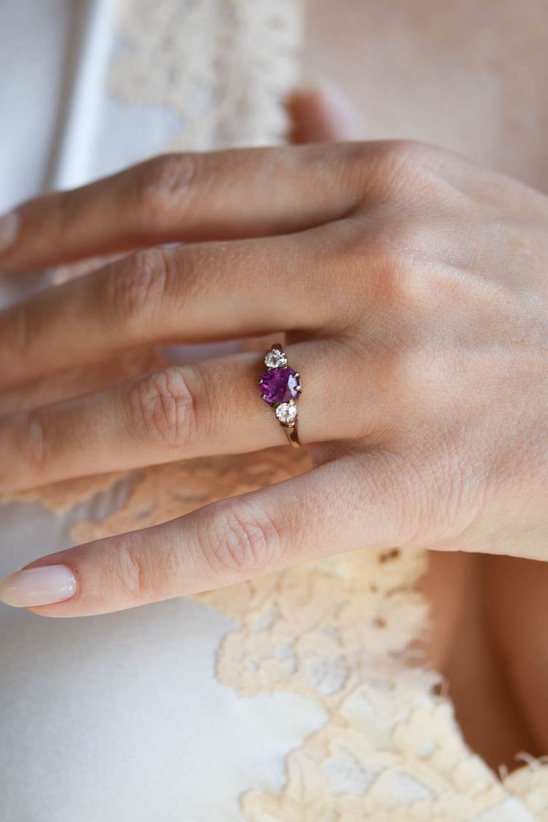 Victorian 1.25 Carat Pink Sapphire & Diamond Yellow Gold Three Stone Antique Engagement Ring