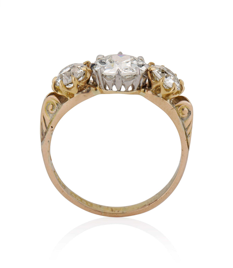 Victorian 1.38 Carat Old European Cut Diamond Yellow Gold Three Stone Engagement Ring
