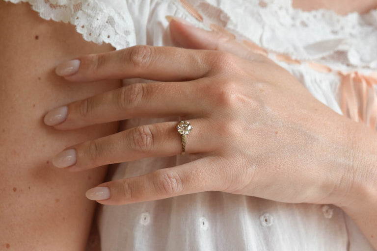 Victorian 1.46 Carat Old European Cut Diamond Engraved Yellow Gold Solitaire Antique Engagement Ring