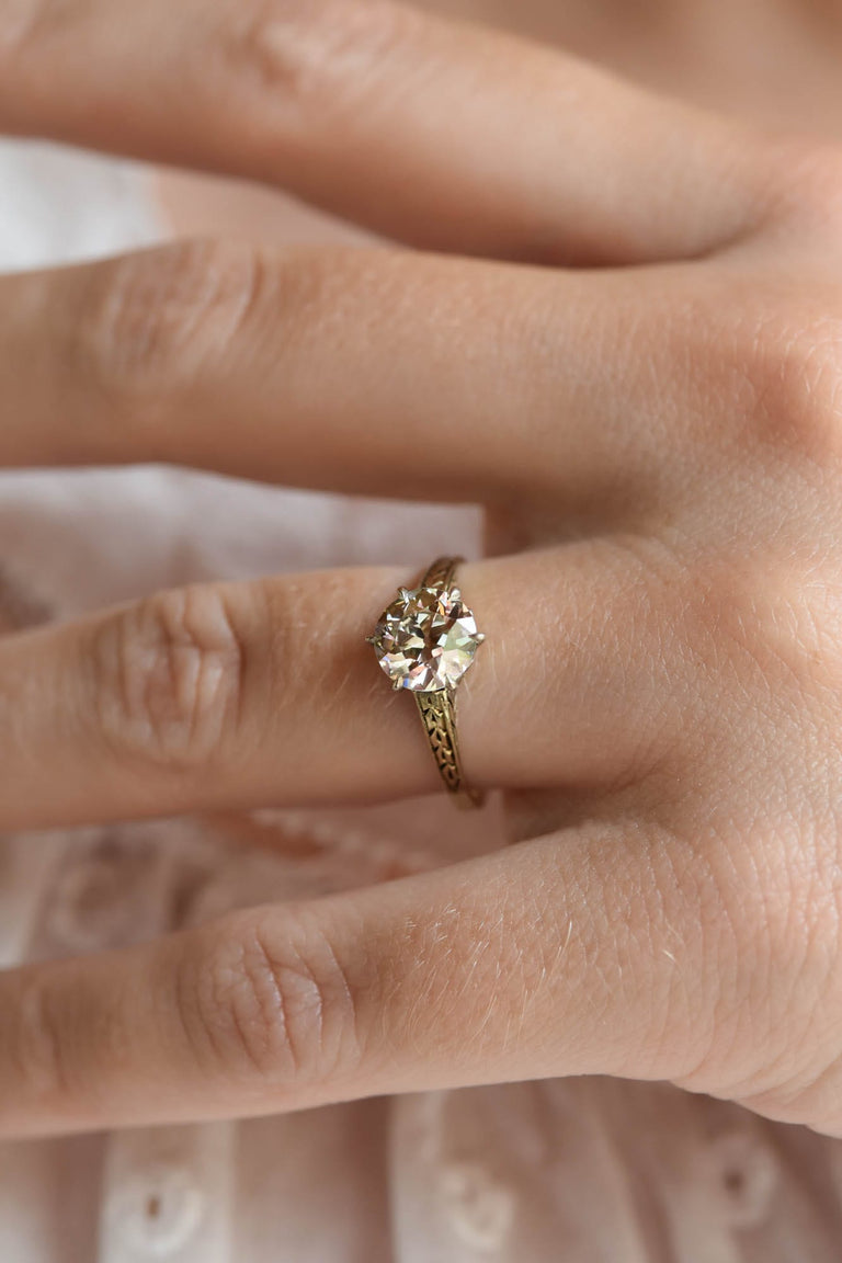 Victorian 1.46 Carat Old European Cut Diamond Engraved Yellow Gold Solitaire Antique Engagement Ring