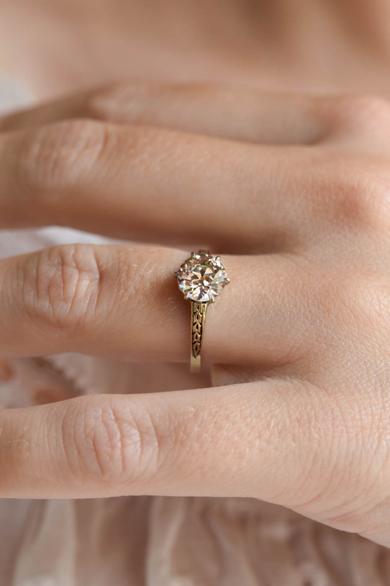 Victorian 1.46 Carat Old European Cut Diamond Engraved Yellow Gold Solitaire Antique Engagement Ring