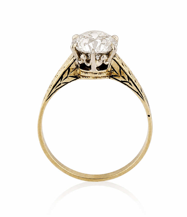 Victorian 1.46 Carat Old European Cut Diamond Engraved Yellow Gold Solitaire Antique Engagement Ring