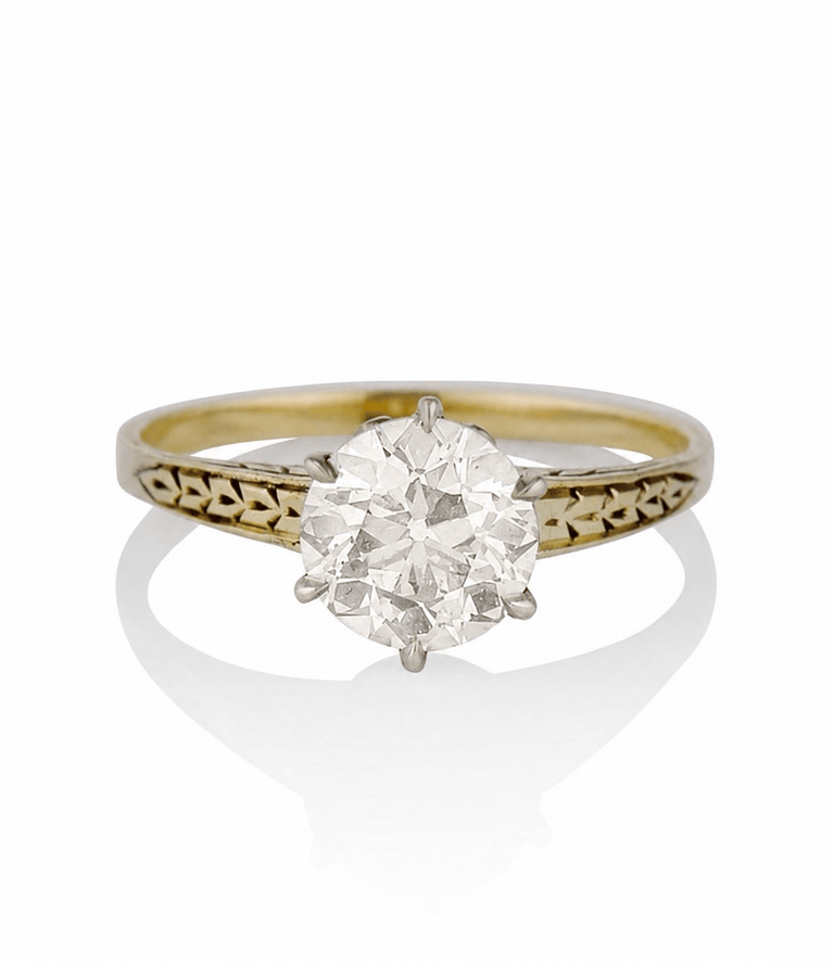 Victorian 1.46 Carat Old European Cut Diamond Engraved Yellow Gold Solitaire Antique Engagement Ring