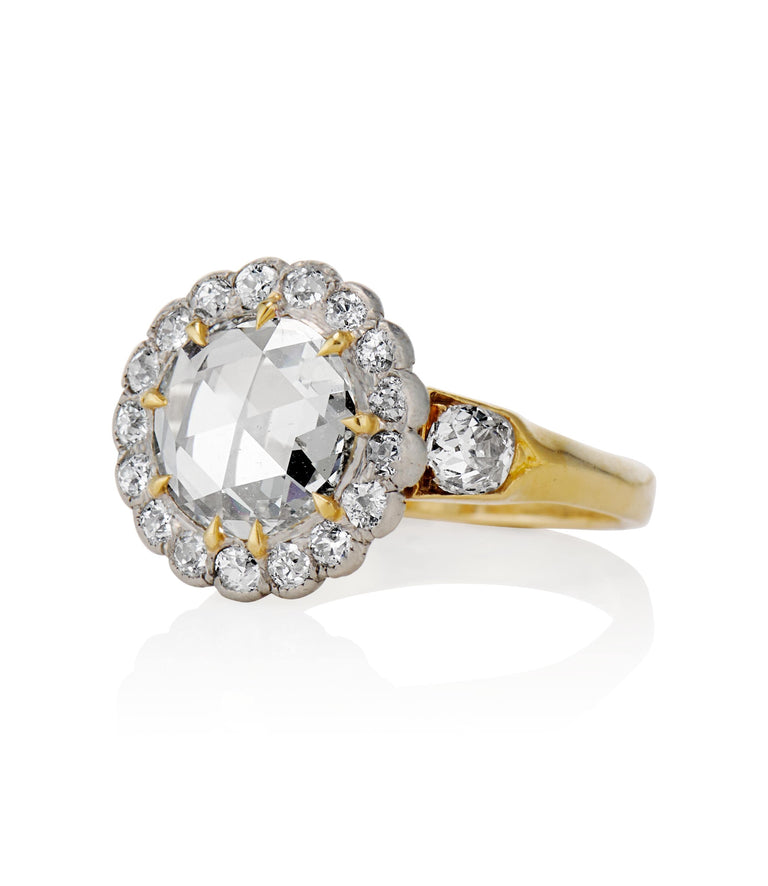 Victorian 1.50 carat Round Rose Cut Diamond Two Tone Cluster Vintage Engagement Ring