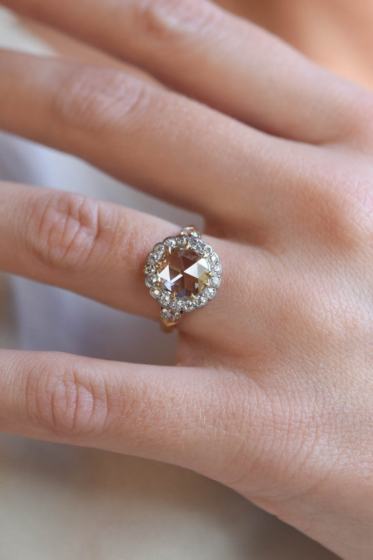 Victorian 1.50 Carat Round Rose Cut Diamond Two Tone Cluster Vintage Engagement Ring