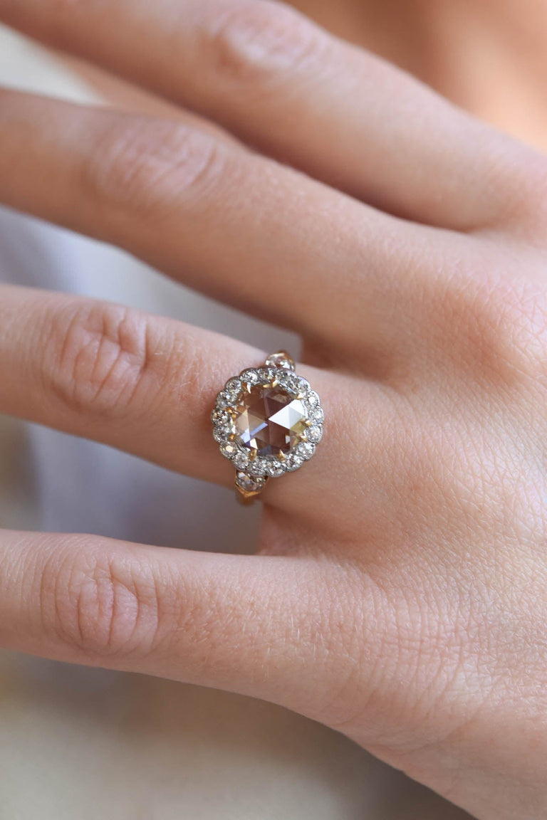 Victorian 1.50 Carat Round Rose Cut Diamond Two Tone Cluster Vintage Engagement Ring