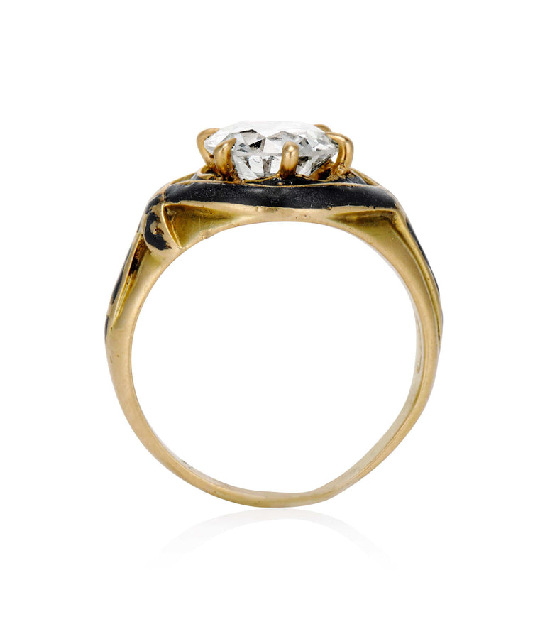 Victorian 1.60 Carat Old European Cut Diamond Yellow Gold & Black Enamel Vintage Engagement Ring