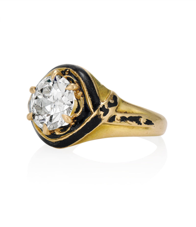 Victorian 1.60 Carat Old European Cut Diamond Yellow Gold & Black Enamel Vintage Engagement Ring