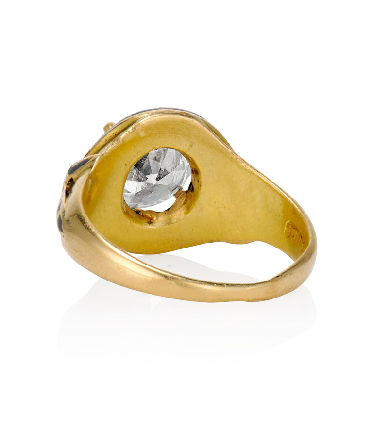 Victorian 1.60 Carat Old European Cut Diamond Yellow Gold & Black Enamel Vintage Engagement Ring