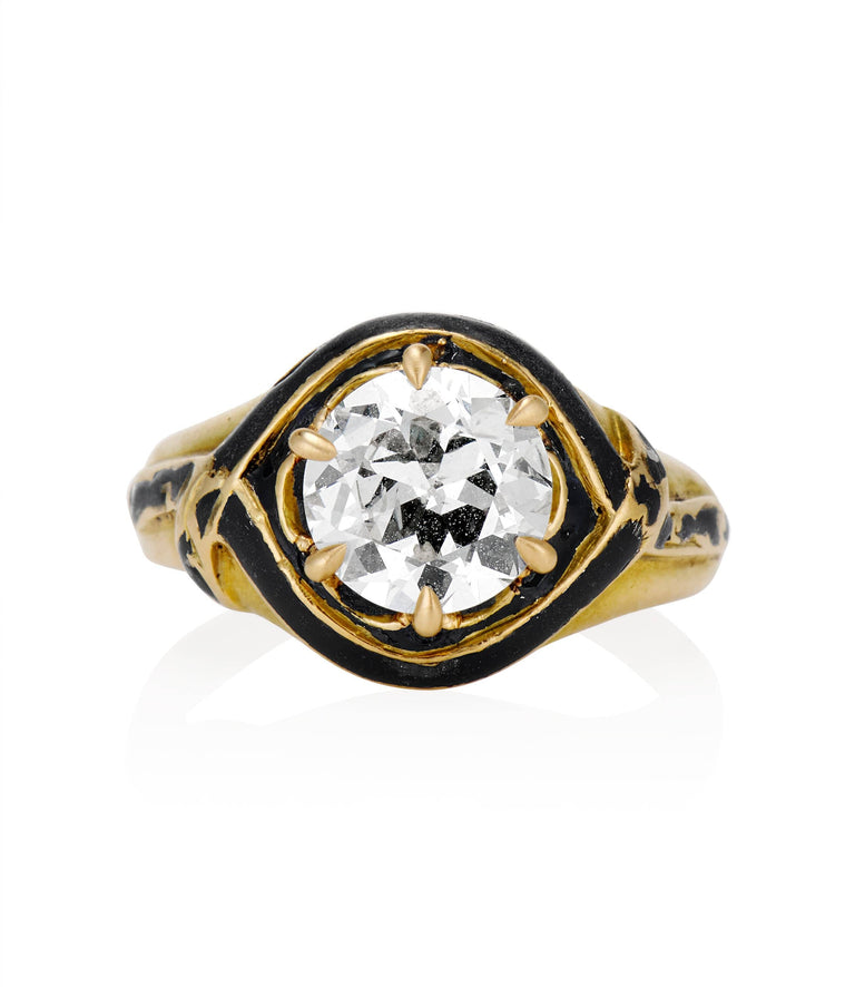 Victorian 1.60 Carat Old European Cut Diamond Yellow Gold & Black Enamel Vintage Engagement Ring