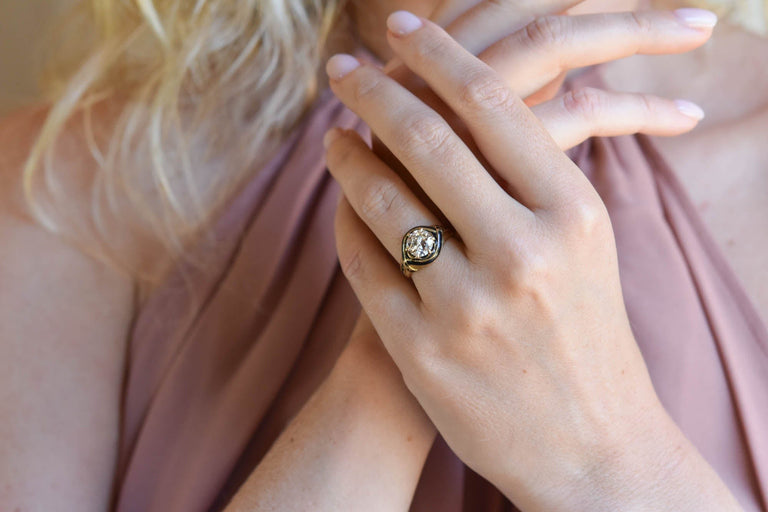 Victorian 1.60 Carat Old European Cut Diamond Yellow Gold & Black Enamel Vintage Engagement Ring