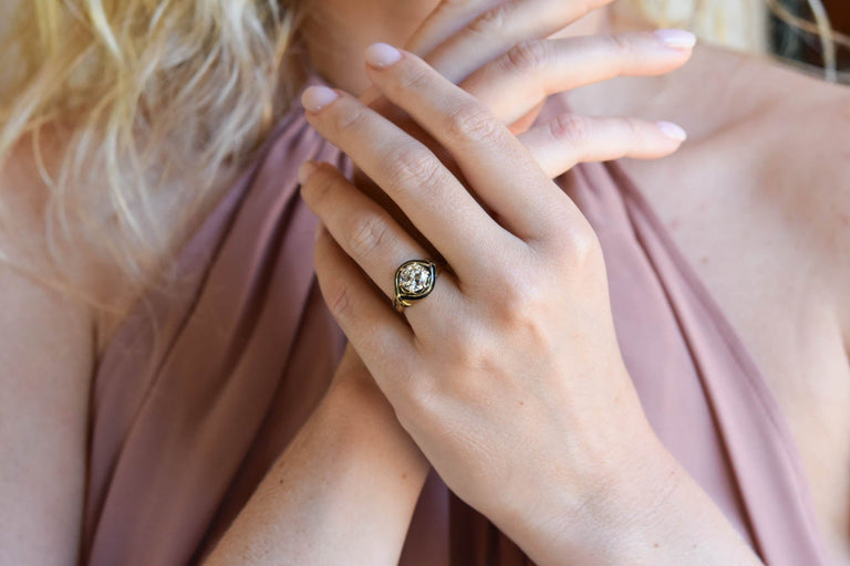 Victorian 1.60 Carat Old European Cut Diamond Yellow Gold & Black Enamel Vintage Engagement Ring
