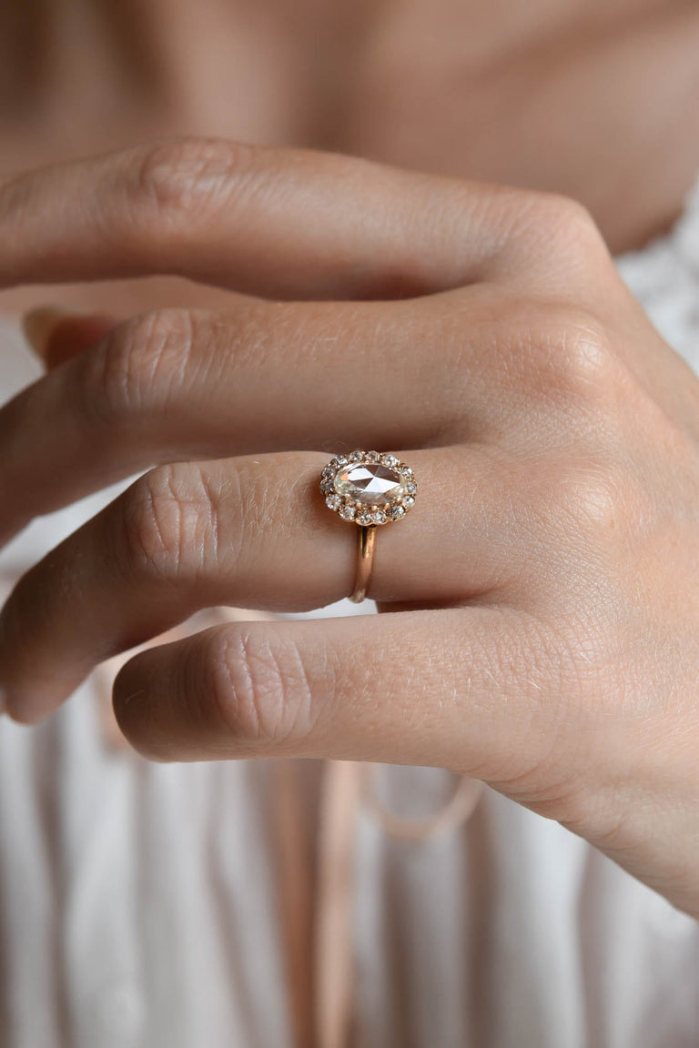 Victorian 1 Carat Rose Cut Diamond Yellow Gold Antique Cluster Engagement Ring