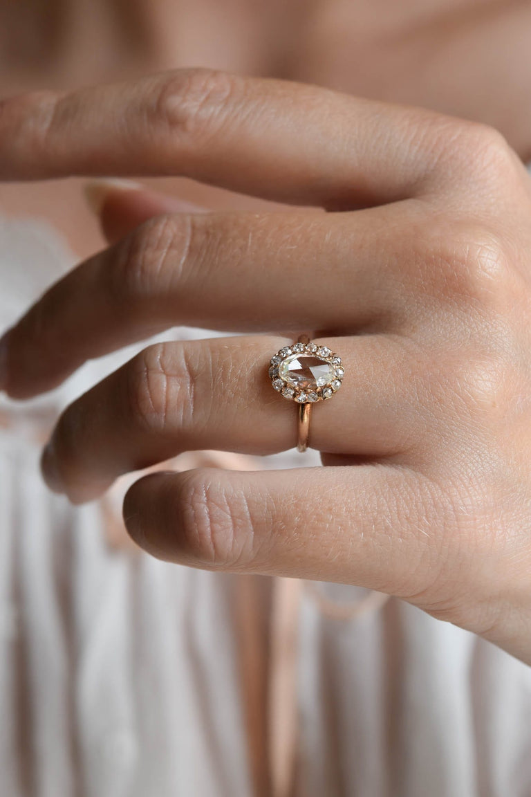Victorian 1 Carat Rose Cut Diamond Yellow Gold Antique Cluster Engagement Ring