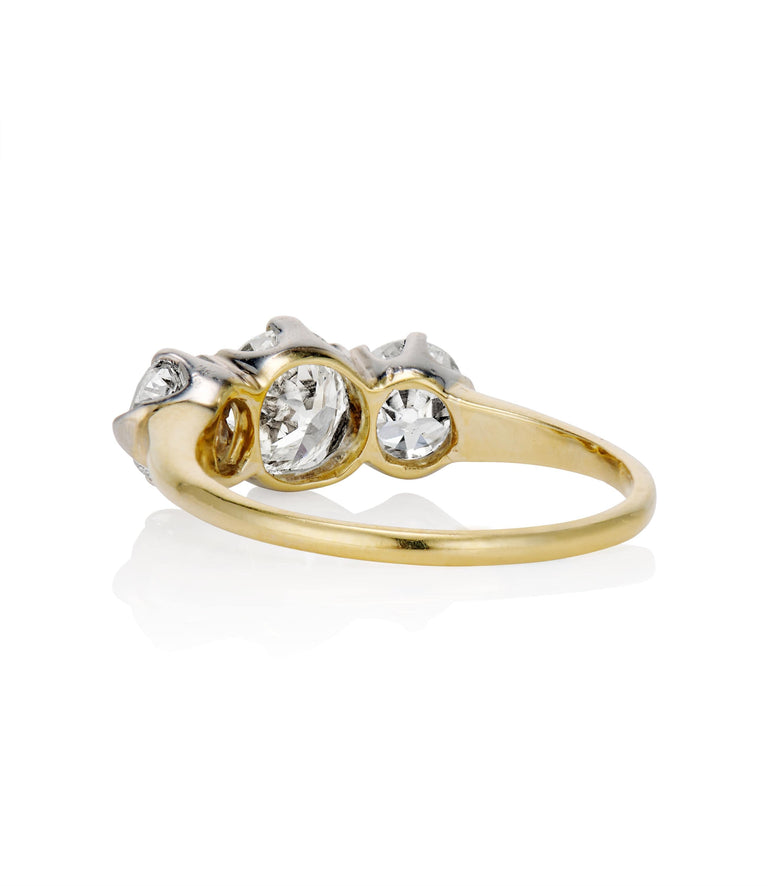 Victorian 2.13 carat Old European Cut Diamond Yellow Gold Three Stone Ring