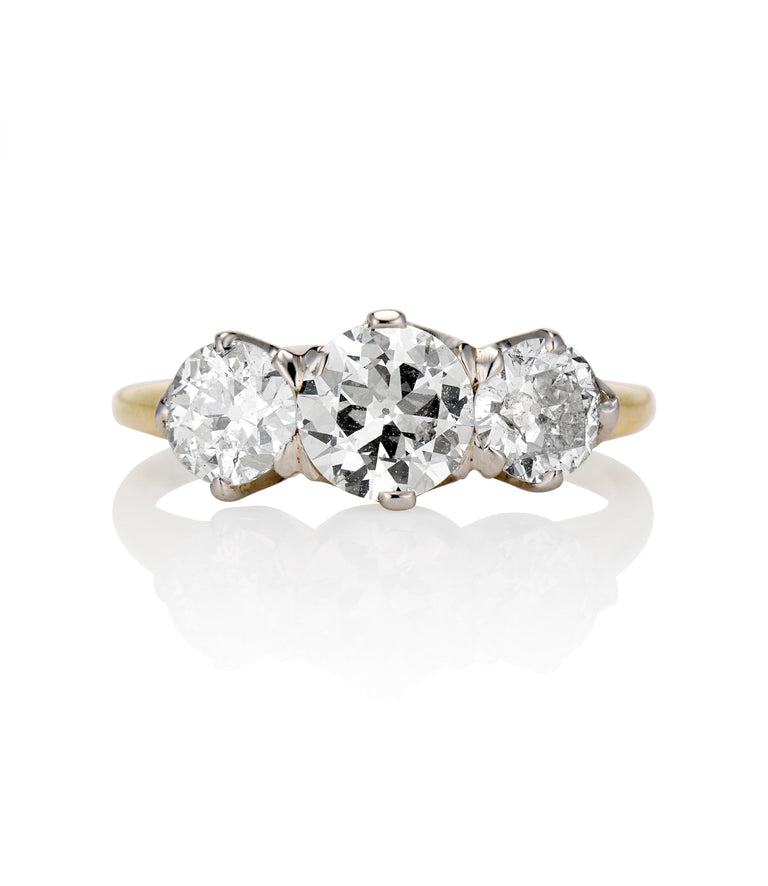 Victorian 2.13 carat Old European Cut Diamond Yellow Gold Three Stone Ring