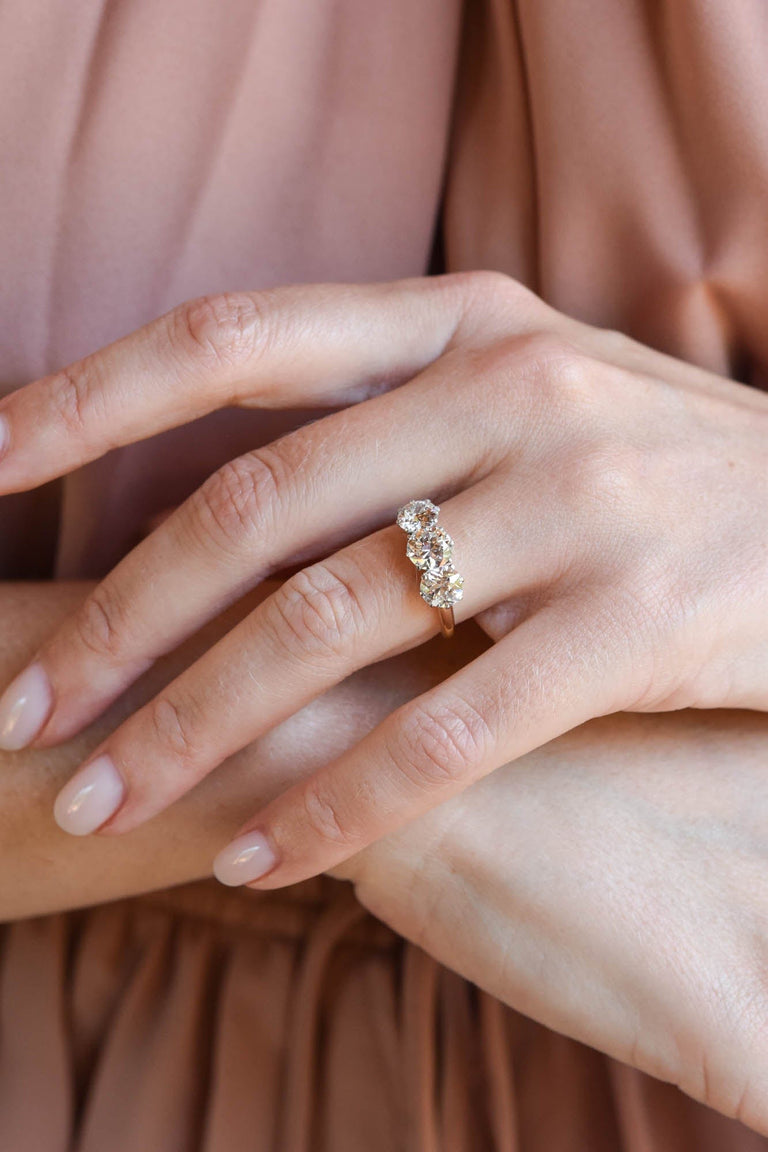 Victorian 2.13 Carat Old European Cut Diamond Yellow Gold Three Stone Vintage Engagement Ring