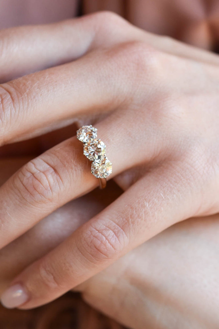 Victorian 2.13 Carat Old European Cut Diamond Yellow Gold Three Stone Vintage Engagement Ring