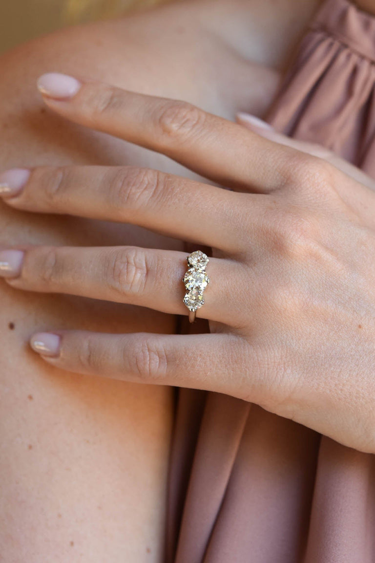 Victorian 2.13 Carat Old European Cut Diamond Yellow Gold Three Stone Vintage Engagement Ring