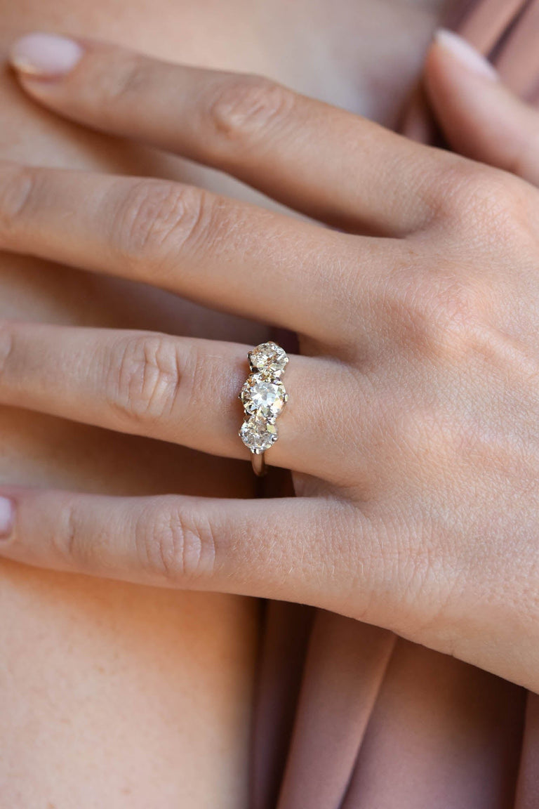 Victorian 2.13 Carat Old European Cut Diamond Yellow Gold Three Stone Vintage Engagement Ring