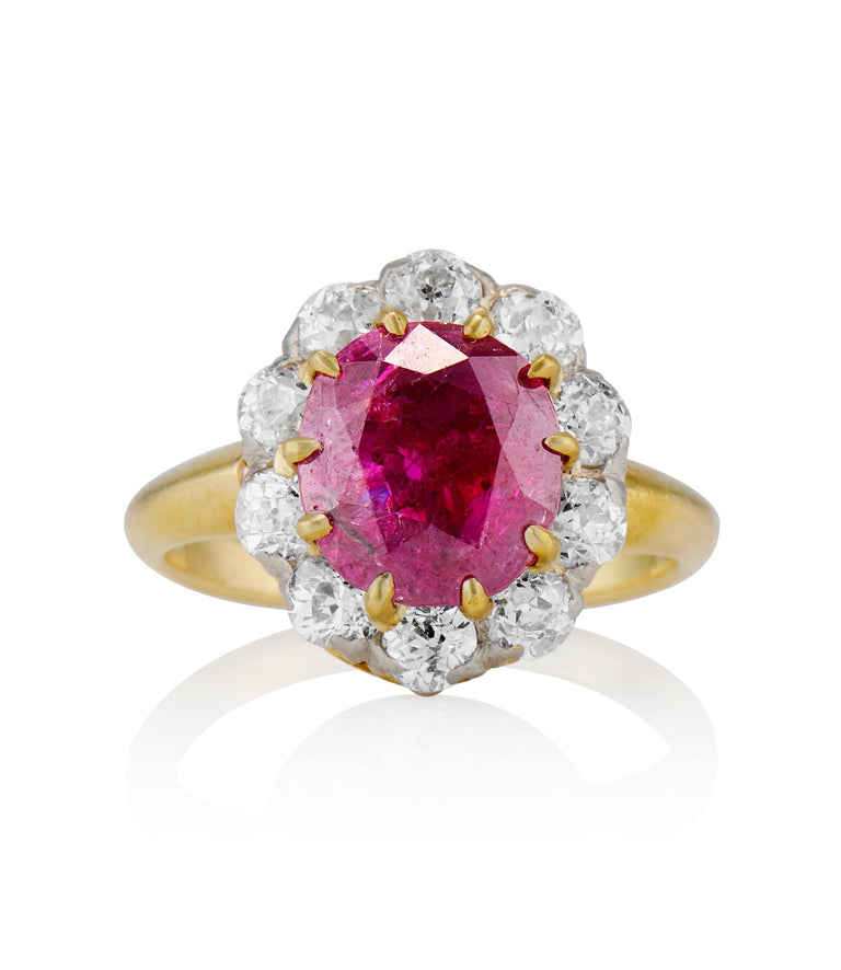 Victorian 2.48 carat Oval Cut Burma No Heat Ruby and Diamond Yellow Gold Cluster Vintage Engagement Ring