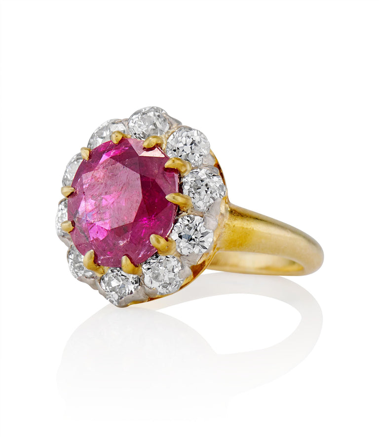 Victorian 2.48 carat Oval Cut Burma No Heat Ruby and Diamond Yellow Gold Cluster Vintage Engagement Ring