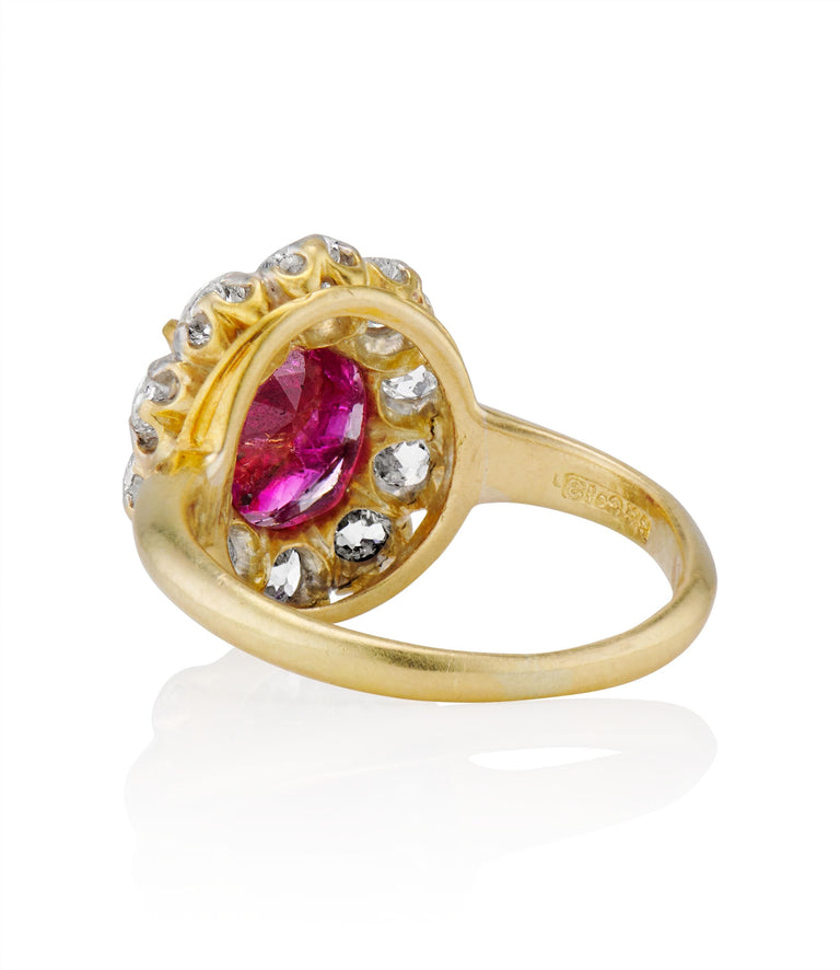 Victorian 2.48 carat Oval Cut Burma No Heat Ruby and Diamond Yellow Gold Cluster Vintage Engagement Ring