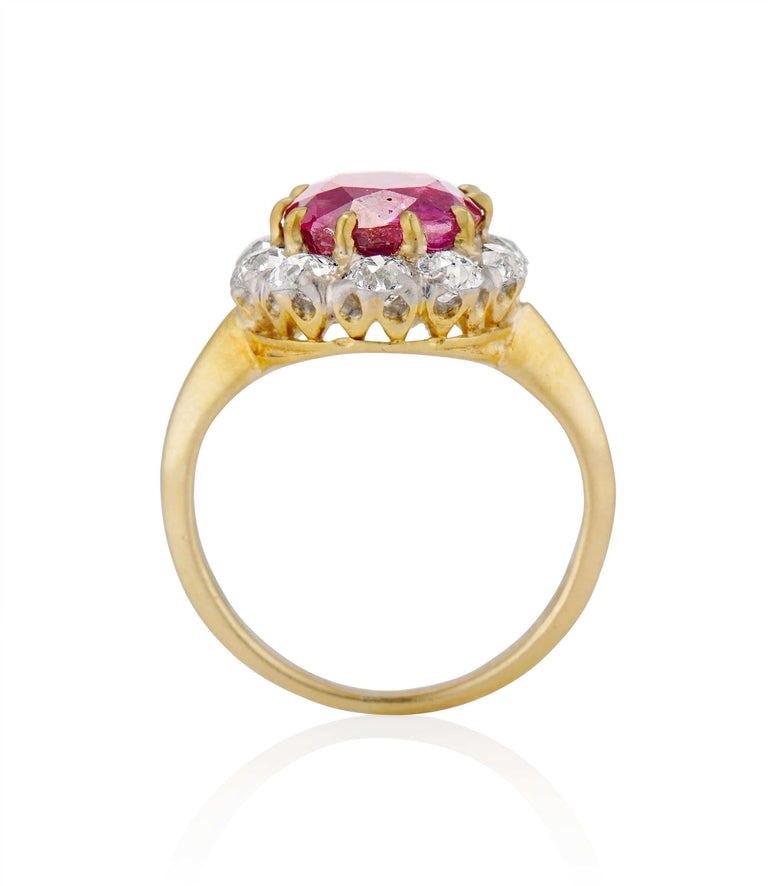 Victorian 2.48 carat Oval Cut Burma No Heat Ruby and Diamond Yellow Gold Cluster Vintage Engagement Ring