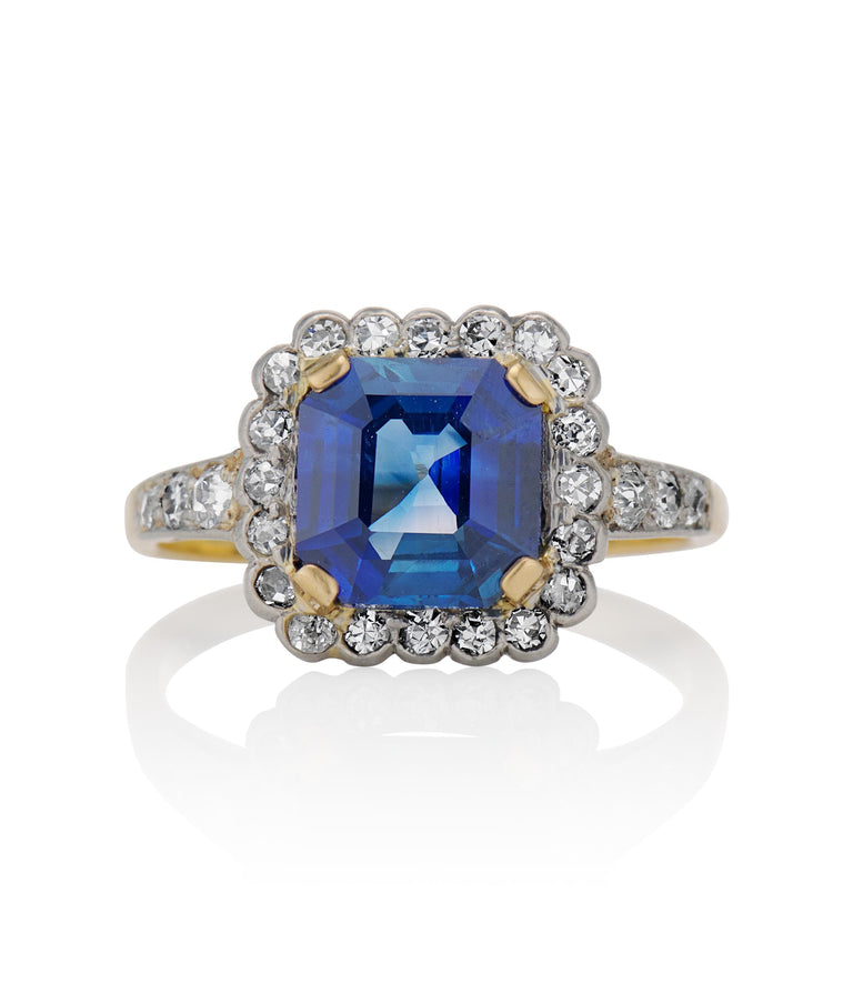 Victorian 2.83 Carat Asscher Cut No Heat Sapphire and Diamond Two Tone Vintage Engagement Ring