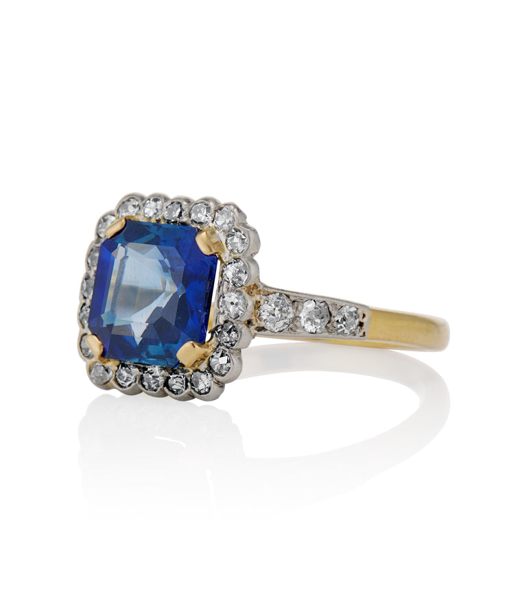 Victorian 2.83 Carat Asscher Cut No Heat Sapphire and Diamond Two Tone Vintage Engagement Ring