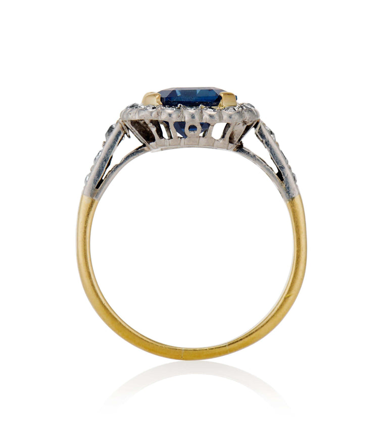 Victorian 2.83 Carat Asscher Cut No Heat Sapphire and Diamond Two Tone Vintage Engagement Ring