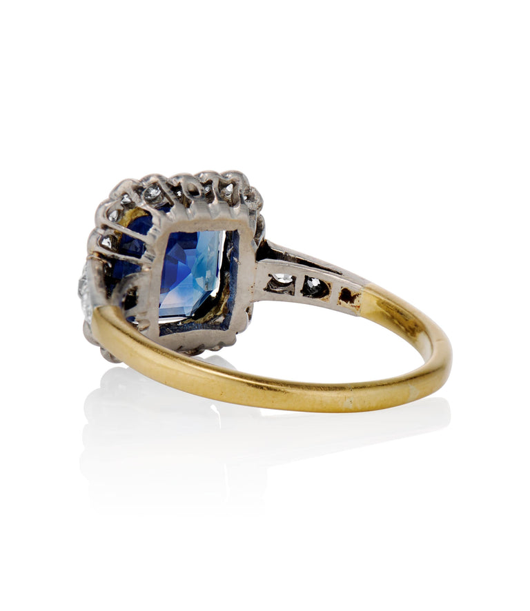 Victorian 2.83 Carat Asscher Cut No Heat Sapphire and Diamond Two Tone Vintage Engagement Ring