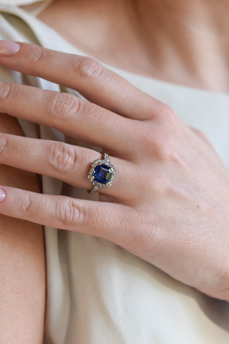 Victorian 2.83 Carat Asscher Cut No Heat Sapphire and Diamond Two Tone Vintage Engagement Ring