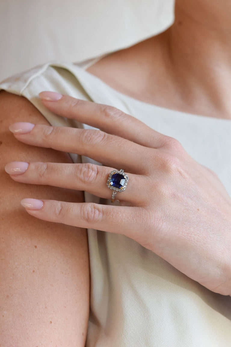 Victorian 2.83 Carat Asscher Cut No Heat Sapphire and Diamond Two Tone Vintage Engagement Ring