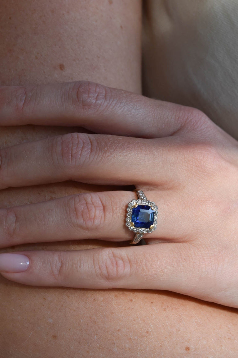 Victorian 2.83 Carat Asscher Cut No Heat Sapphire and Diamond Two Tone Vintage Engagement Ring