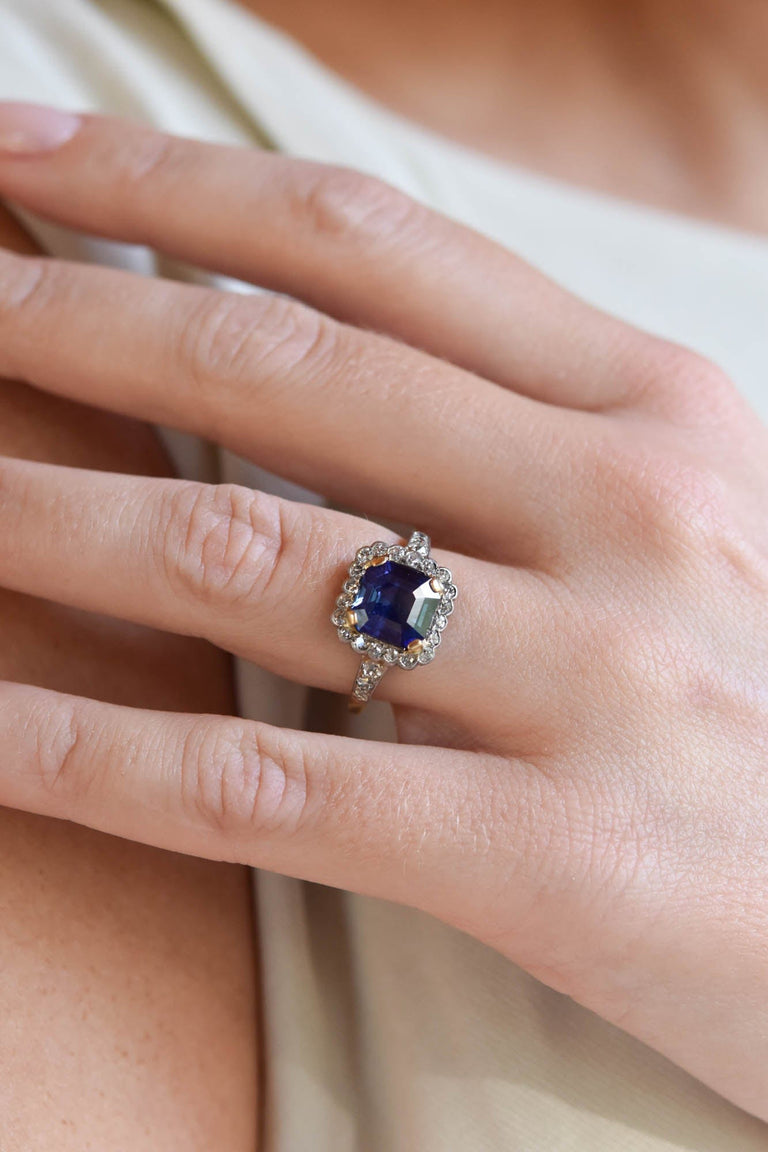 Victorian 2.83 Carat Asscher Cut No Heat Sapphire and Diamond Two Tone Vintage Engagement Ring