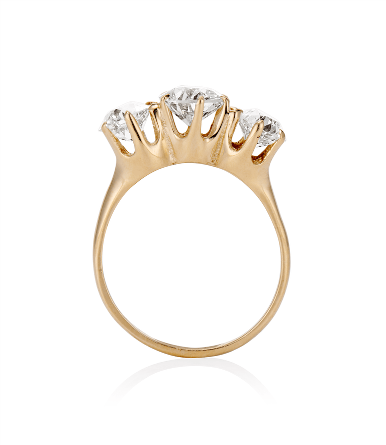 Victorian 2.87 carat Old European Cut Diamond Yellow Gold Three Stone Vintage Engagement Ring