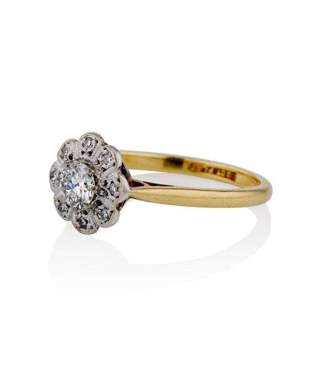 Victorian .27 Carat Old European Cut Diamond Two Tone Floral Cluster Antique Engagement Ring
