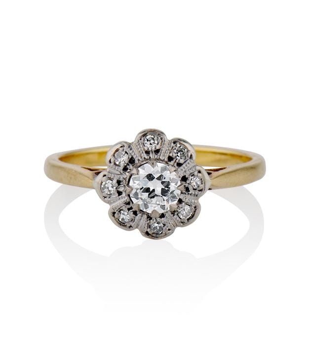 Victorian .27 Carat Old European Cut Diamond Two Tone Floral Cluster Antique Engagement Ring
