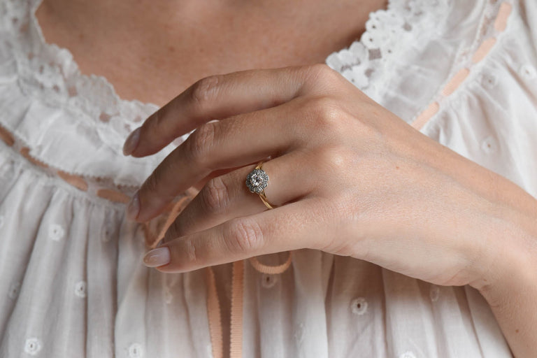 Victorian .27 Carat Old European Cut Diamond Two Tone Floral Cluster Antique Engagement Ring
